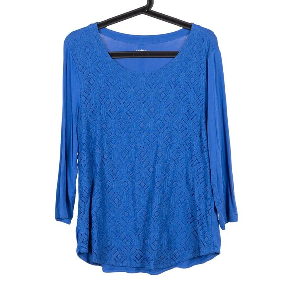 Croft & Barrow Lace Shirt L Womens Blue 3/4 Sleeve Top Overlay Stretch - Picture 1 of 6